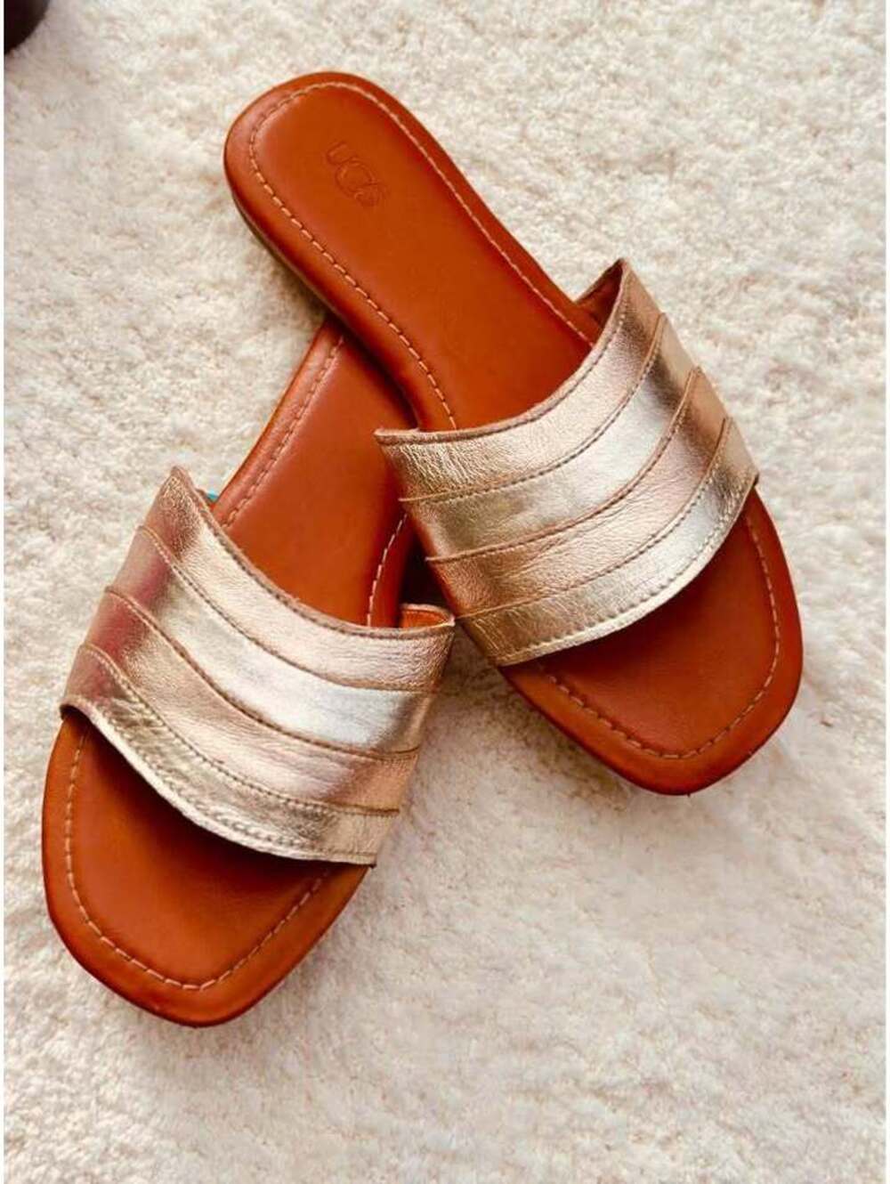 UGG Ximena Rose Gold Metallic Leather Slide Sandals Women’s 8.5 NWOT 1128645